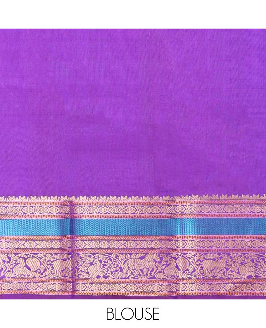 Violet buttas kancheepuram silk saree with contrast border of intricate zari design & traditional zari design pallu