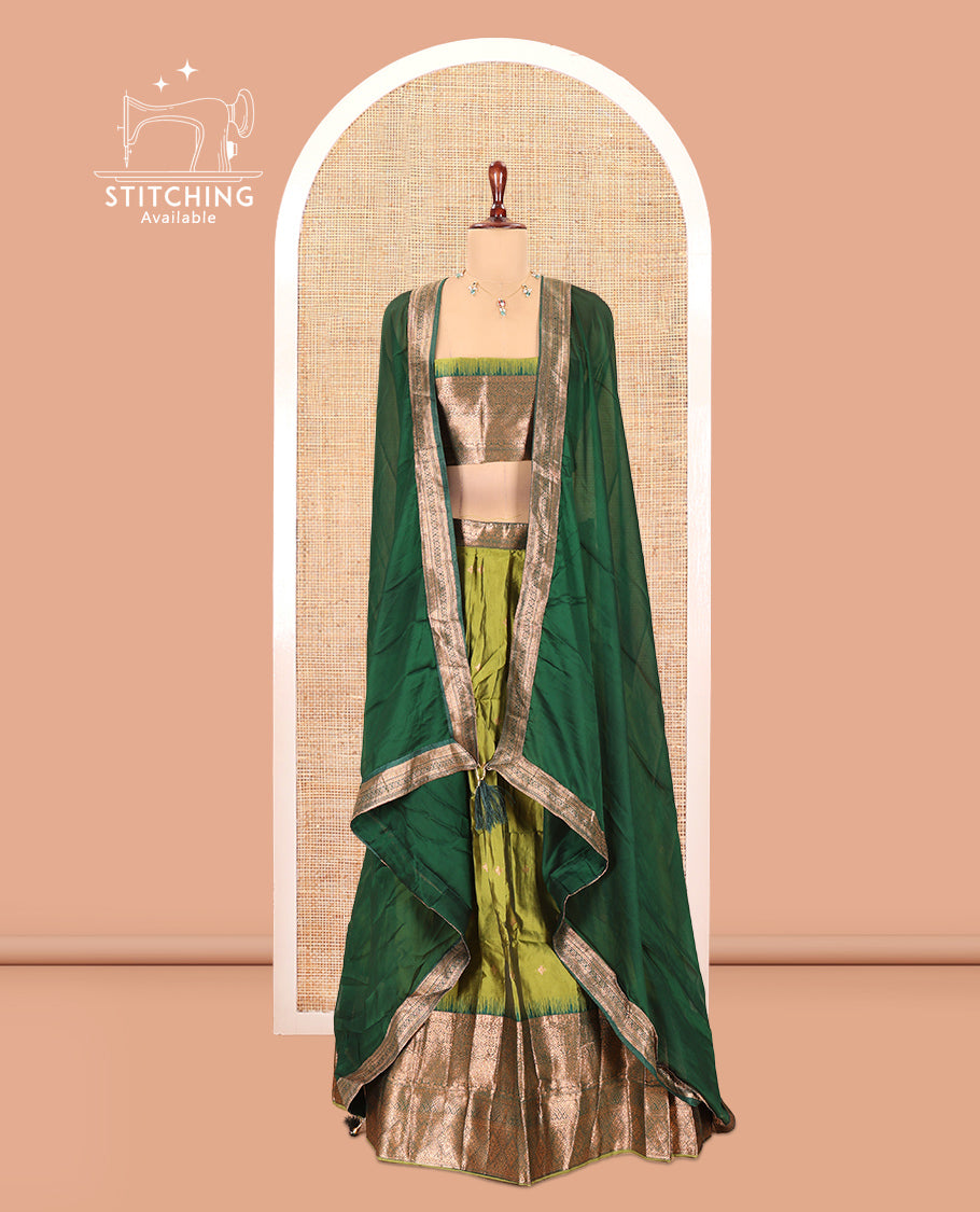 Parrot Green-Leaf Green Semi-Silk Half-Saree, Zari Buttas Skirt, Contrast Traditional Zari Border, a Matching Blouse, a Contrast Blouse