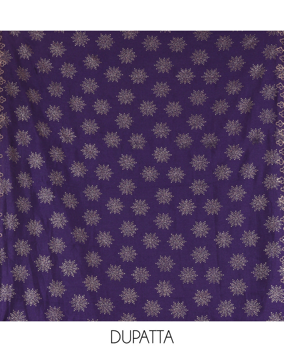 Violet Semi-Silk Material Churidar Set, Floral Embroidered Top, a Matching Bottom, and a Scallop Foil Printed Dupatta