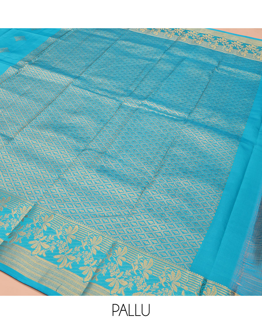 Blue Vasundhara Lite Silk Mix Saree, Artfully Detailed with Zari Buttas on Its Body, Highlighted by Zari Temple Border of Floral Designs, Gracefully Embellished Pallu of Jaal Designs, and Paired with a Matching Blouse