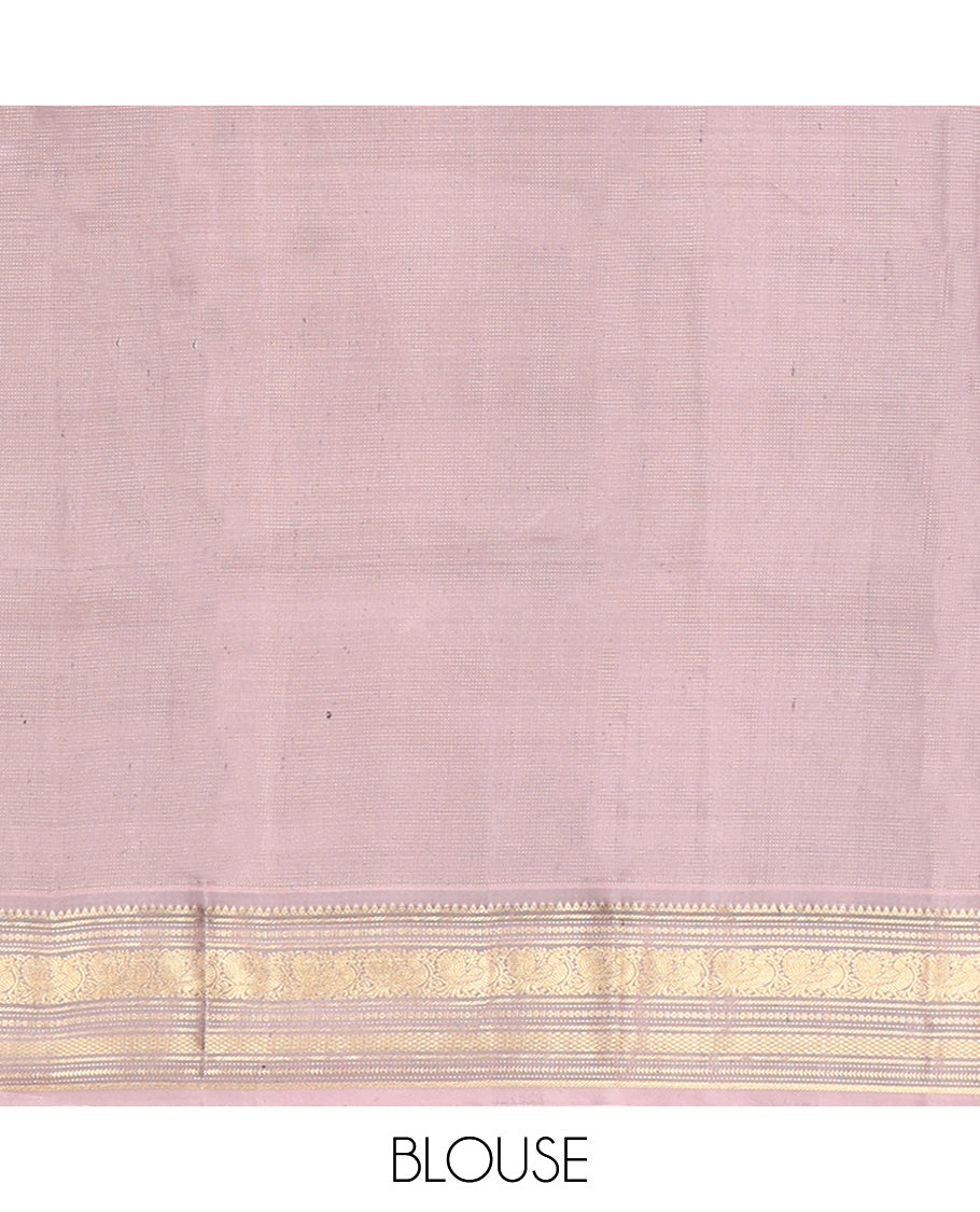 Blue Vasundhara Silk Saree, Ornamented With Vaira Oosi Stripes, Mayil and Chakram Buttas, Complemented by Contrast Border of Rekku, Mayil, Mayil Kann, and Ara Maadam Designs, Grand Pallu and Paired with a Contrast Blouse