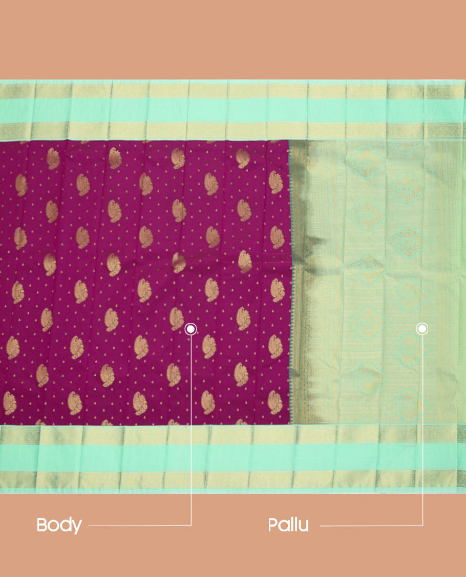 Purple Budget Silk Saree, Gleamed Up with Zari Buttas, Complemented by a Contrast Traditional Zari Rettai Pettu Border, Grand Pallu, and Contrast Blouse