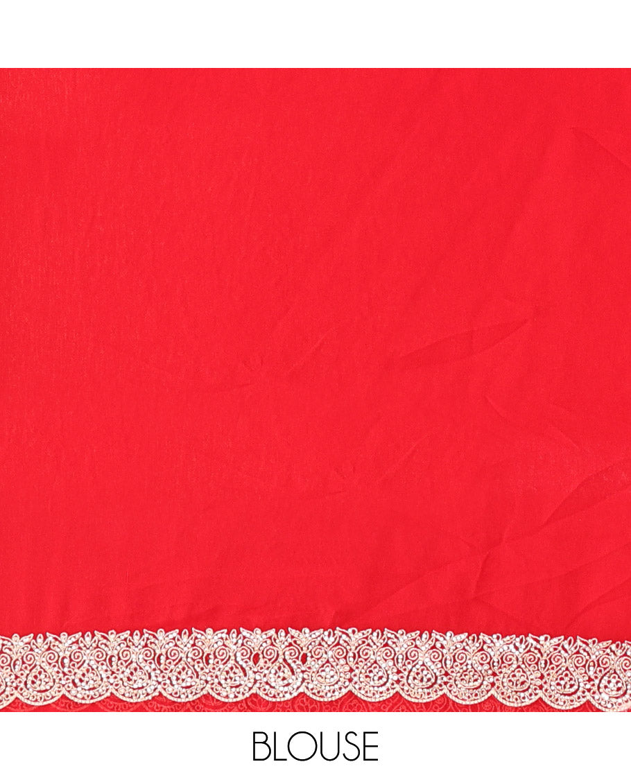 Red Designer Saree, Enriched with with Floral Jaal Embroidery Embossed, a Scallop Embroidered Border, and a Matching Blouse