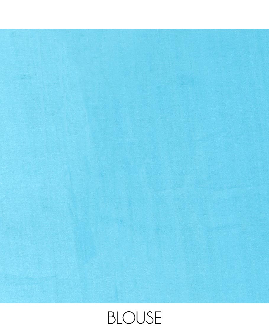Sky Blue Fancy Tussar Silk Saree Features Triangle Motifs, Zari Border, Striped Pallu, Matching Blouse