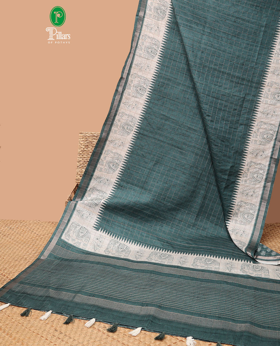 Peacock green all-over copper zari checks design semi tussar saree with floral, elepgant design, copper zari jacqaurd border & linnnin chip pallu along with self ajrackprinted checks blouse
