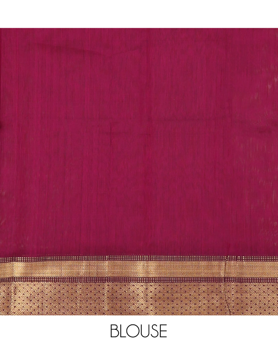 Orange Maheshwari Cotton Saree, Adorned with Buttas, Complemented by a Contrast Traditional Zari Border, Pallu Gleamed Up with Zari Buttas, and a Contrast Blouse