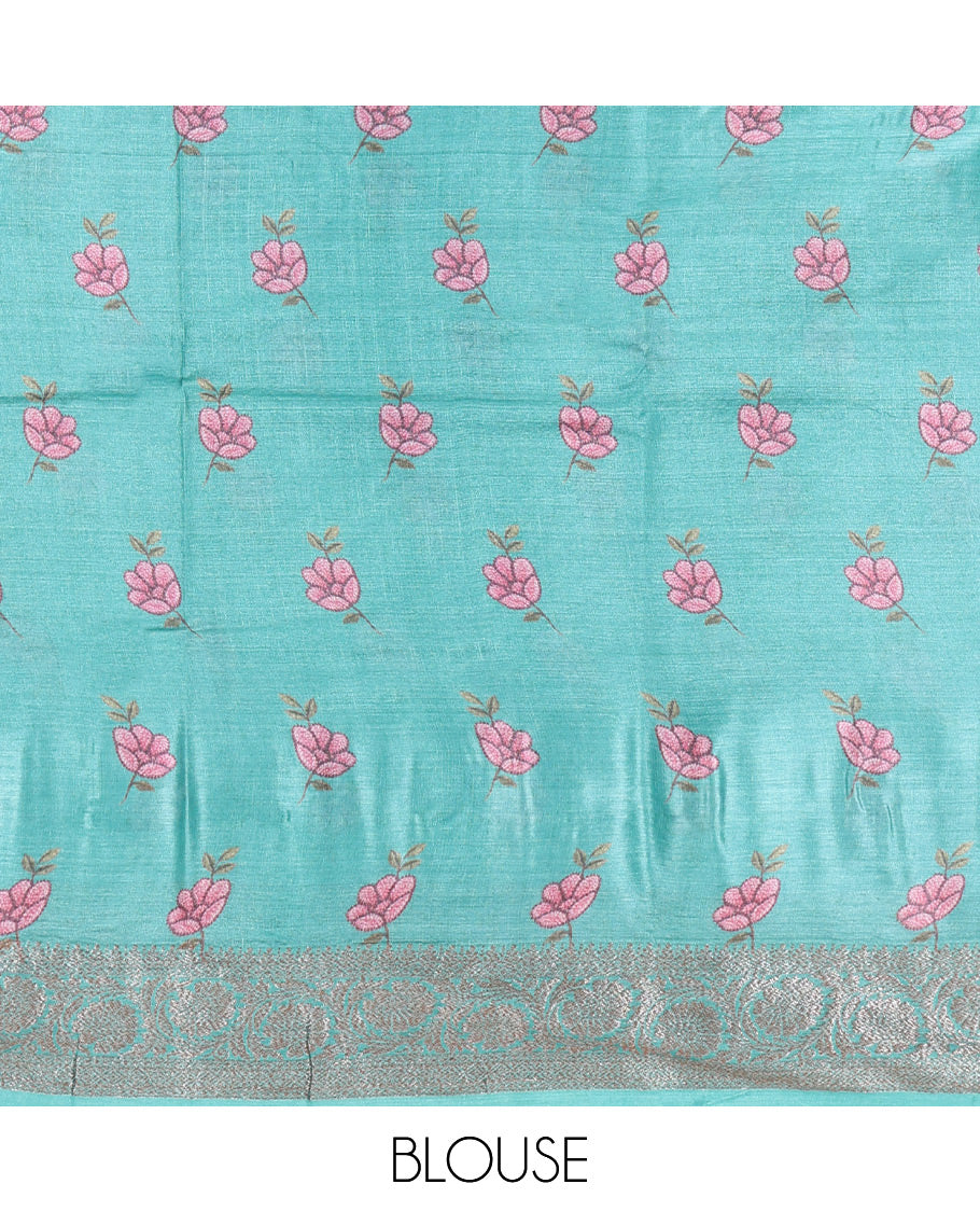 Blue Tusser Silk Saree Features Checks and Rose Buttas, a Zari Border, Grandf Pallu, and a Matching Blouse