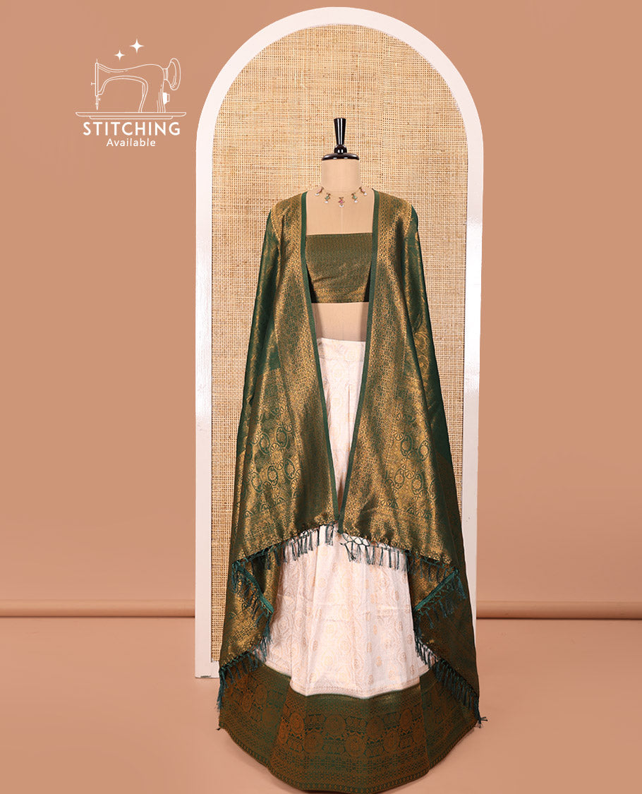 Cream and Green Banaras Softy Half-Saree Featuring Jacquard Design All Over the Skirt, Adorned with a Contrast Geometric Zari Design Border, Paired with a Jacquard Blouse, and a Banaras Softy Dhavani with Floral Jaal Jacquard Design
