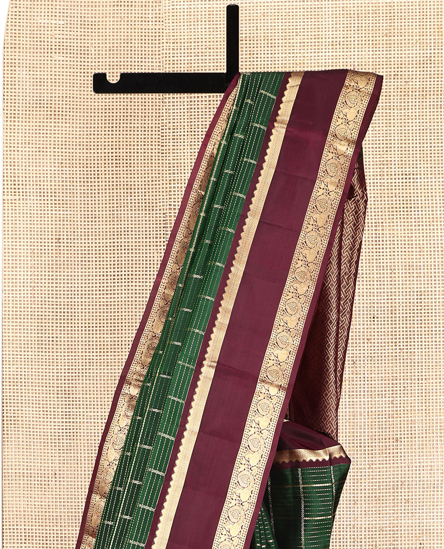 Green Mayuri Lite Silk Mix Saree, Spotlighted with Zari Checks, a Contrast Rettai Pettu Border of Rekku, Rudraksha, and Mayil, Geometric Pallu, and a Contrast Blouse