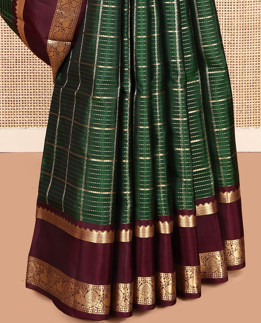 Green Mayuri Lite Silk Mix Saree, Spotlighted with Zari Checks, a Contrast Rettai Pettu Border of Rekku, Rudraksha, and Mayil, Geometric Pallu, and a Contrast Blouse