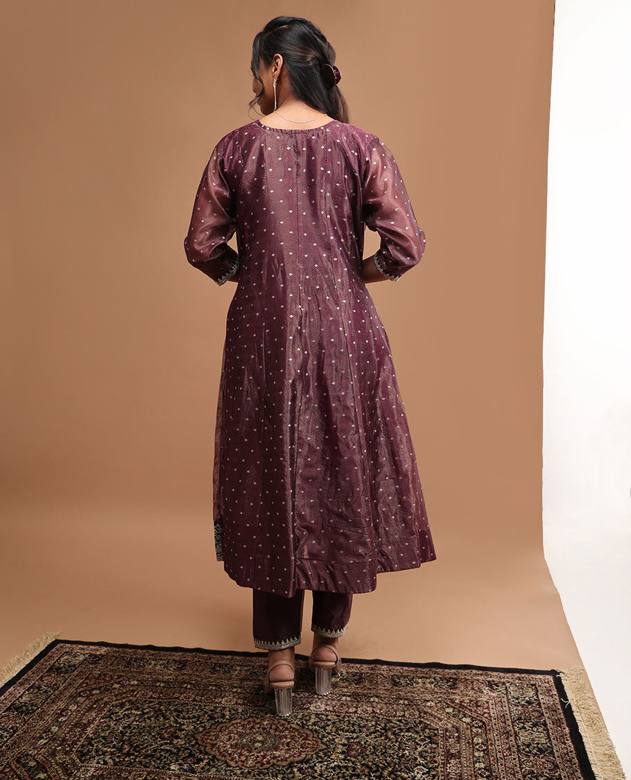 Violet floral embroidered round neck, 3/4 th sleeve,below knee lenght top with straight pants & floral printed dupatta
