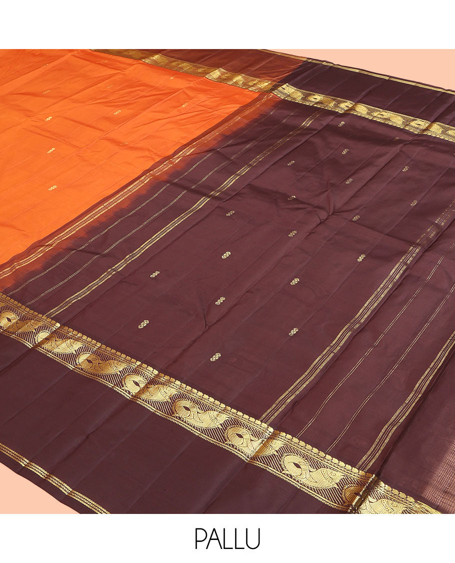 Orange Kanchipuram Silk Saree, Woven with Buttas, Complemented by a Contrast Rettai Pettu Meen Motif Border, Pallu of Zari Design, and Contrast Blouse