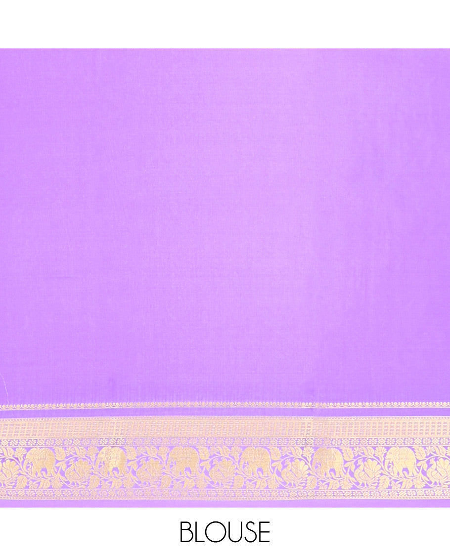 Blue Mysore Silk Saree, Mesmerized with Elephant Buttas Across Its Body, Complemented by Contrast Traditional Zari Border of Peacock-Elephant Designs, Intricately Designed Pallu, and Paired with a Contrast Blouse