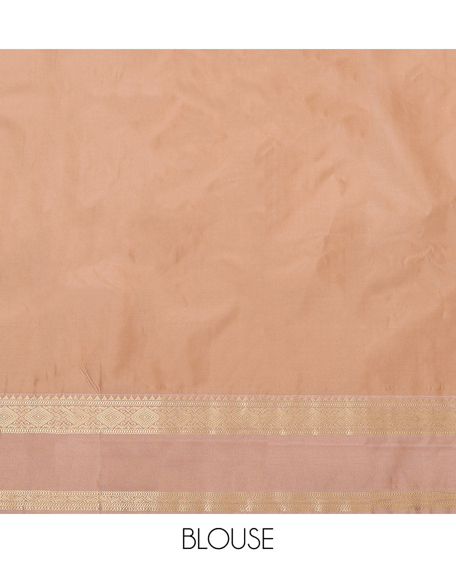 Orange Budget Silk Saree, Detailed with Zari Buttas, Complemented by Contrast Traditional Rettai Pettu Border, Grand Pallu, and a Contrast Blouse