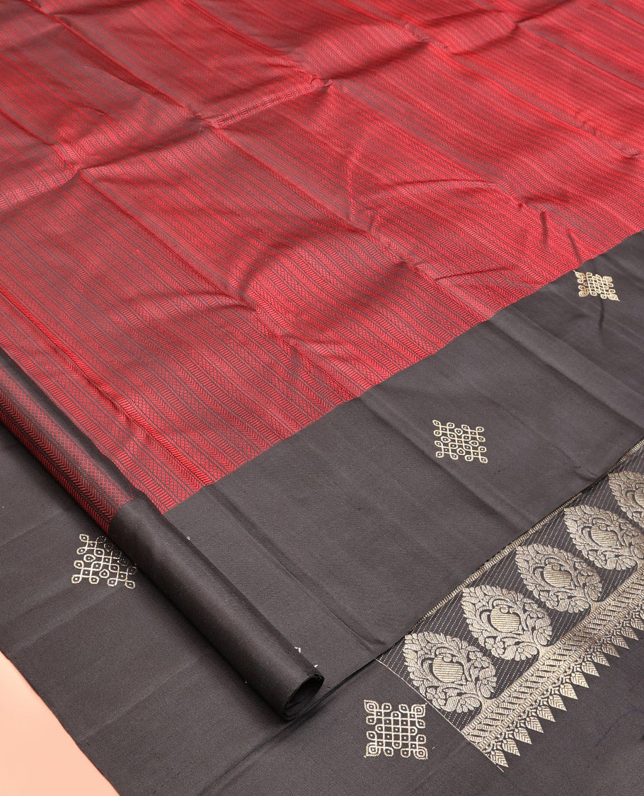 Red Embossed Kanchipuram Silk Saree, a Contrast Kolam Border, Grand Pallu, Contrast Blouse