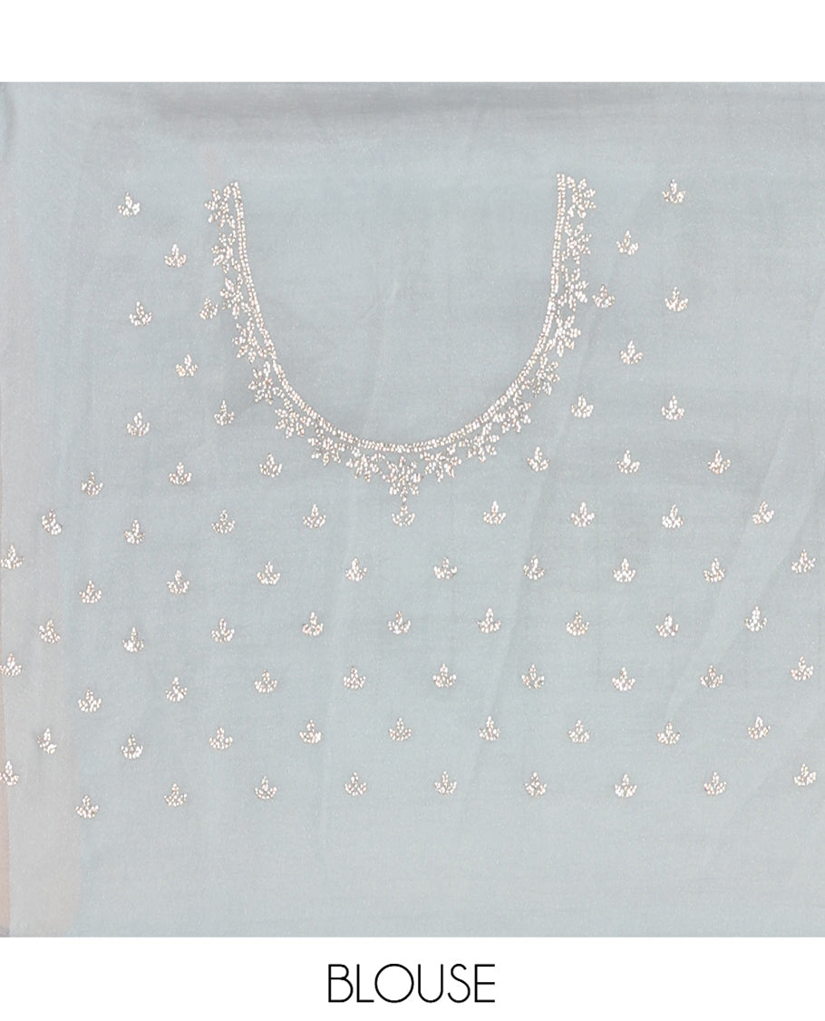 Sky Blue Swarovski and Meena Stonework Organza Designer Saree with Scallop Border, Matching Blouse