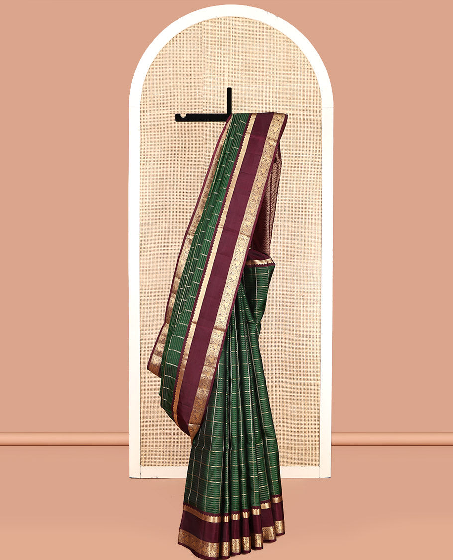 Green Mayuri Lite Silk Mix Saree, Spotlighted with Zari Checks, a Contrast Rettai Pettu Border of Rekku, Rudraksha, and Mayil, Geometric Pallu, and a Contrast Blouse