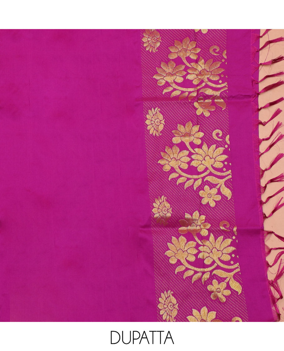 Green Art Silk Material Half Saree Set, Finely Crafted with Floral Jacquard Design Skirt, a Contrast Traditional Zari Design Border, Contrast Zari-Jacquard Blouse, and a Dhavani of Floral Designs