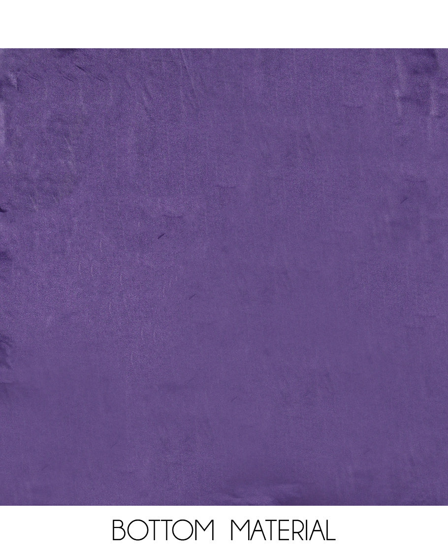 Violet Semi-Silk Material Churidar Set, Floral Embroidered Top, a Matching Bottom, and a Scallop Foil Printed Dupatta