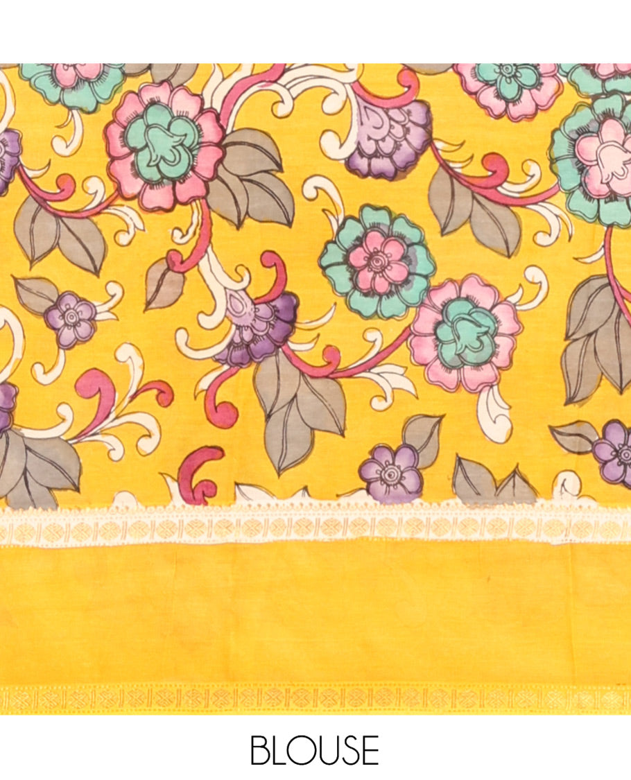 Turquoise Kalamkari Silk Saree, Enthralled with Human Figurines, a Contrast Peacock Border, Kalamkari Pallu, and a Contrast Blouse