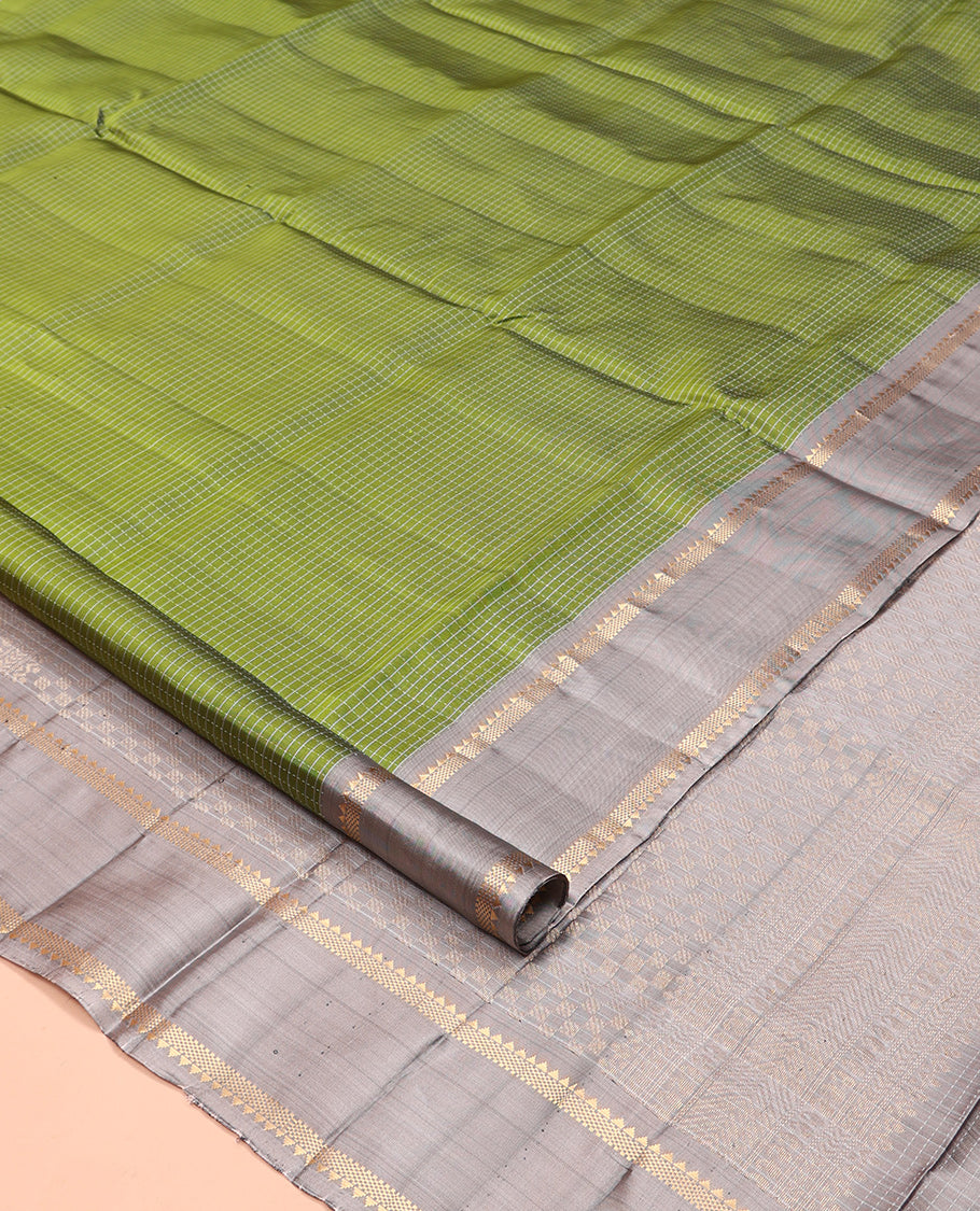 Green Checked Mayuri Lite Silk Mix Saree, a Contrast Rettai Pettu Border of Rekku, and Bentex Designs, Intricate Pallu, and a Contrast Blouse