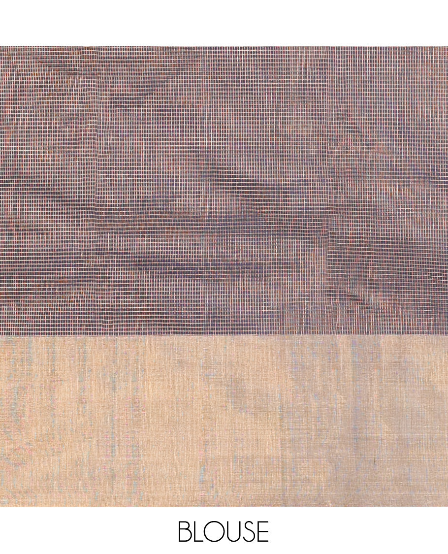 Grey Silk Cotton Saree, Majestically Detailed with Micro-Checks, a Gleaming Bavanji Border, Pallu of Temple Designs, and a Matching Blouse