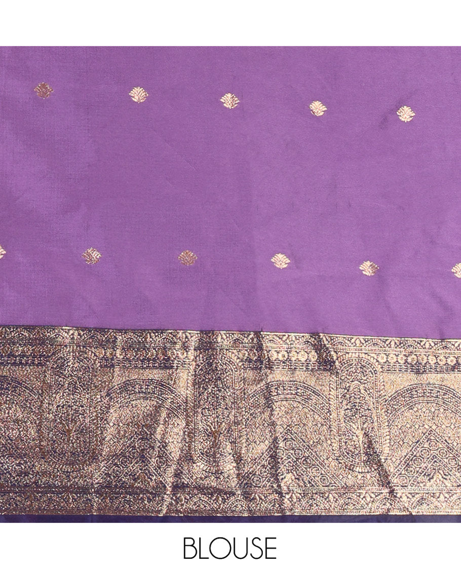 Violet and Blue Semi-Banarasi Half-Saree, Delicately Detailed with Zari Buttas on Its Skirt, Complemented by a Contrast Geometric Patterns Zari Woven Border, Paired with a Matching Blouse, and a Contrast Satin Georgette Embroidered Scallop Dhavani