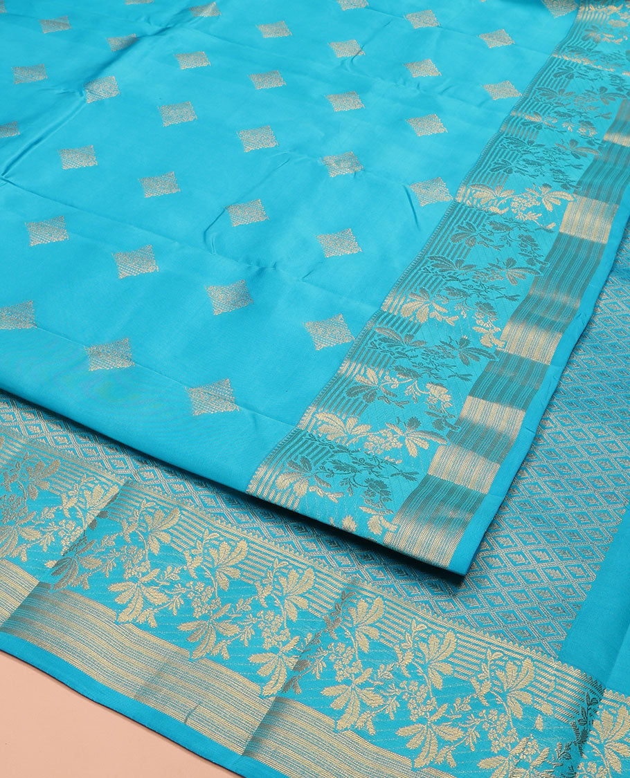 Blue Vasundhara Lite Silk Mix Saree, Artfully Detailed with Zari Buttas on Its Body, Highlighted by Zari Temple Border of Floral Designs, Gracefully Embellished Pallu of Jaal Designs, and Paired with a Matching Blouse