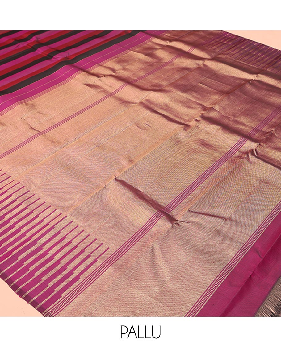 Multi-color Striped Kanchipuram Designer Silk Saree, Subtly Sparkled With Temple Border, Pallu Features Seppu Rekku Designs, and Paired with a Contrast Blouse