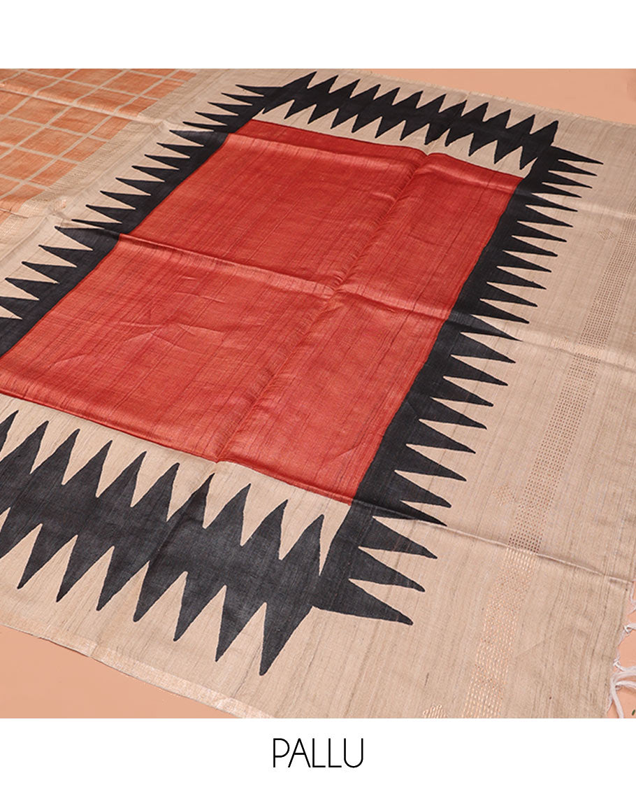 Orange Tussar Silk Saree, Adorned with Checks and Plain, Complemented by a Contrast Temple Border, Temple Pallu, and a Contrast Blouse