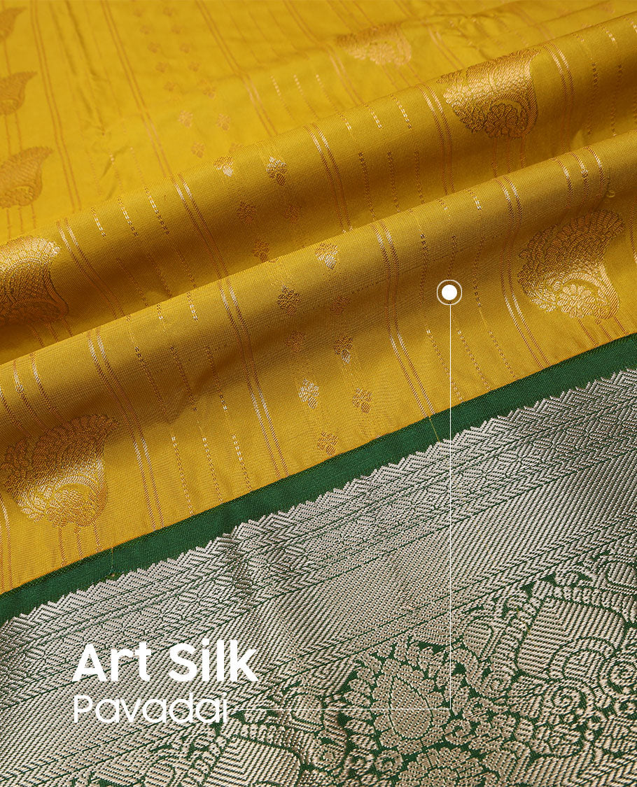 Mustard yellow art silk pavadai material set, zari design pavadai, contrast blouse & traditional zari border