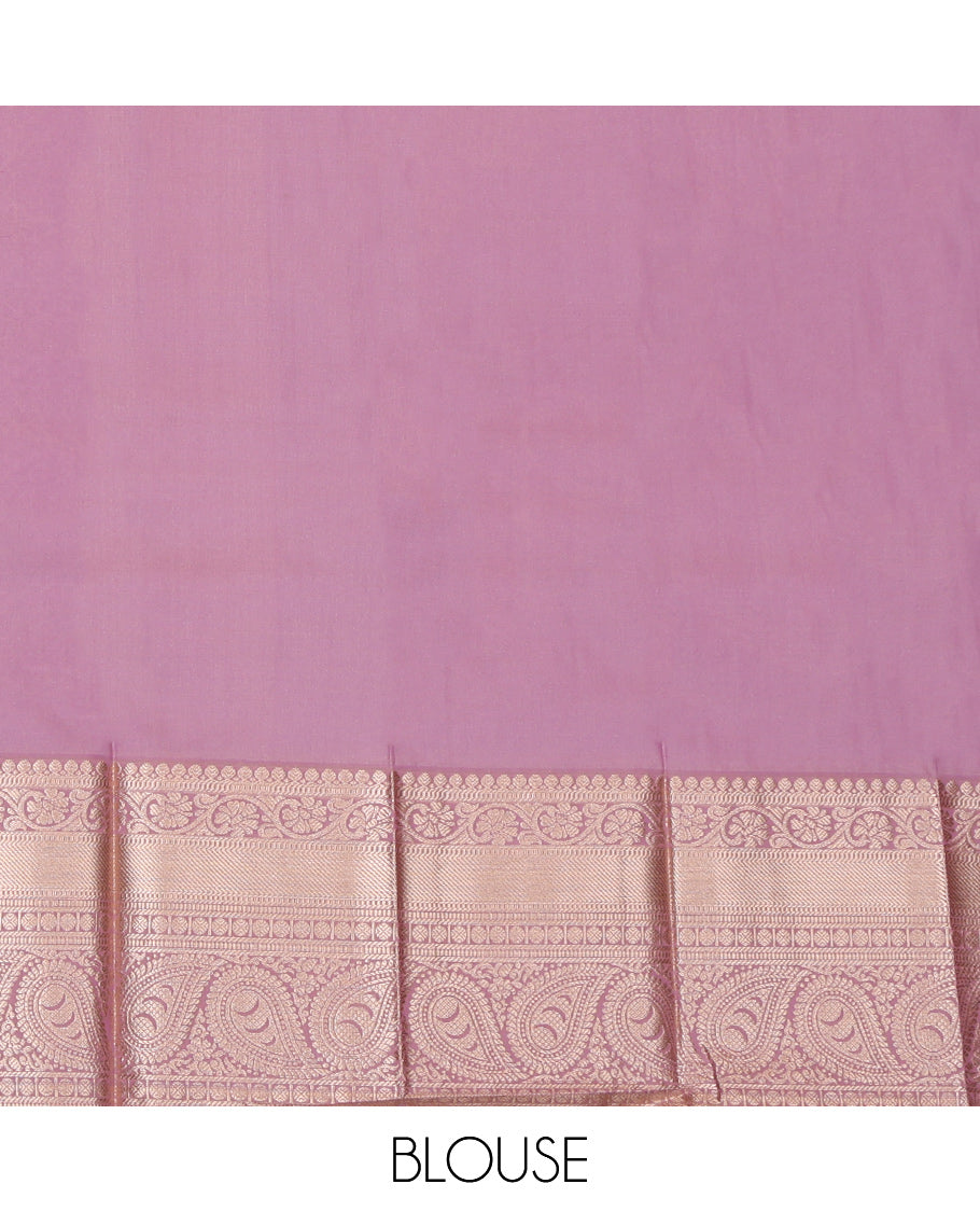 Pink Budget Silk Saree, Graced with Zari Buttas, Complemented by a Contrast Traditional Zari Border, Pallu of Paisleys, and a Contrast Blouse