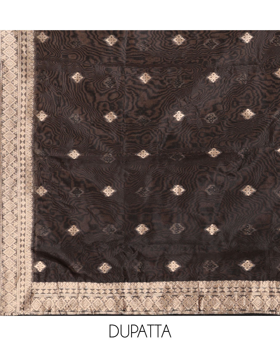 black chudidhar matrial vichitra silk neck zari border with bum bum work , santoon material pants & organza banarasi zari border, zari buttas dupatta