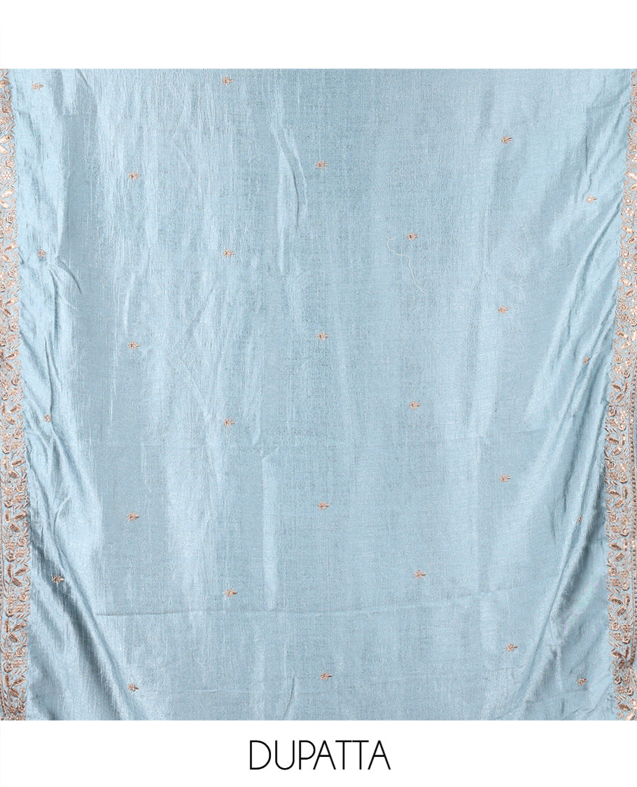 Sea Blue Vichitra Silk Material Chudidar, Embroidered and Cut-work Top, Santoon Bottom, and an Embroidered Dupatta