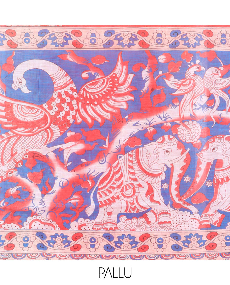 Tomato Pink Linen Cotton Saree Features Kalamkari-Style Human Motifs Print, a Piping Border, Contrast Printed Pallu, and Contrast Blouse
