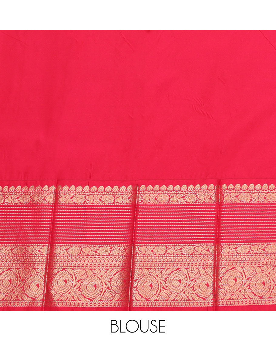 Orange Budget Silk Saree, Detailed with Zari Buttas, Complemented by a Contrast Traditional Zari Design Border, Grand Jaal Pallu, and a Contrast Blouse