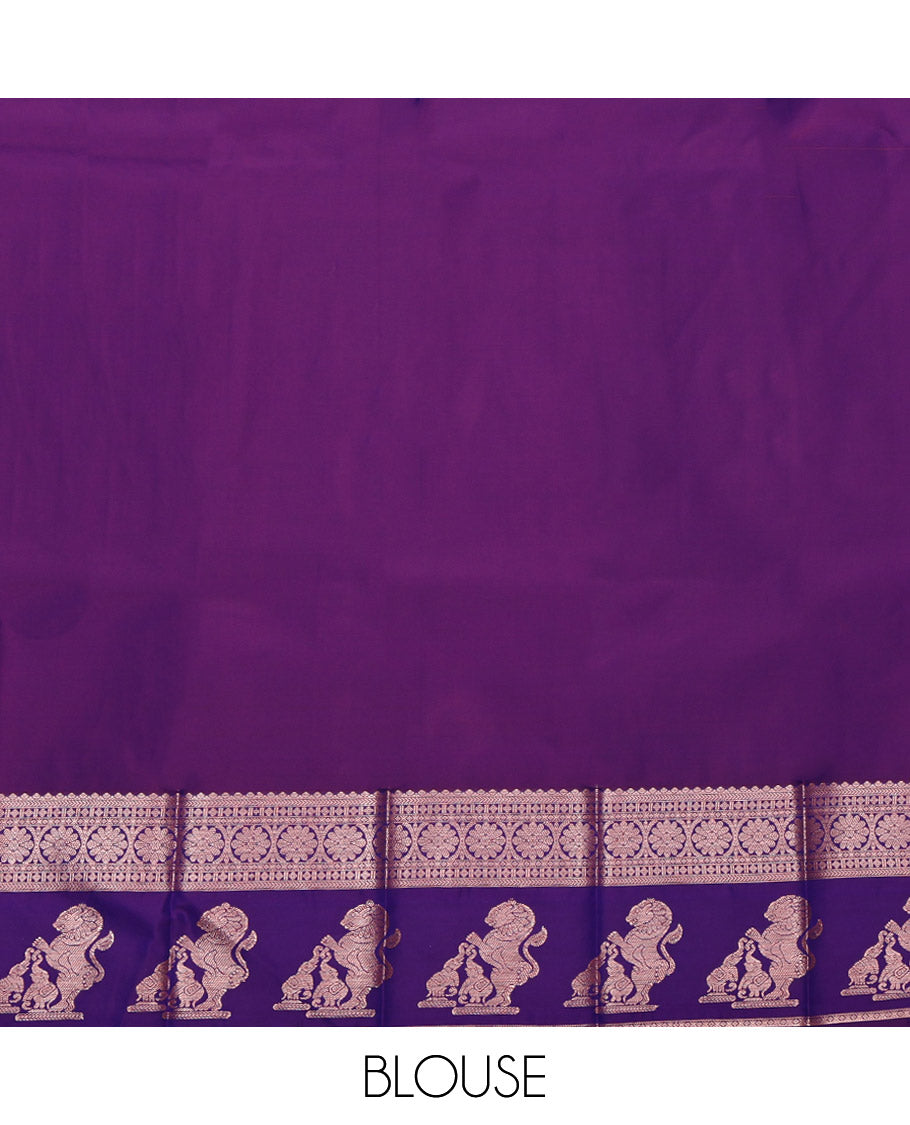 Rust Budget Silk Saree, Spotlighted with Zari Buttas, Complemented by a Contrast Traditional Zari Border of Singam Designs, Grand Pallu, and a Contrast Blouse