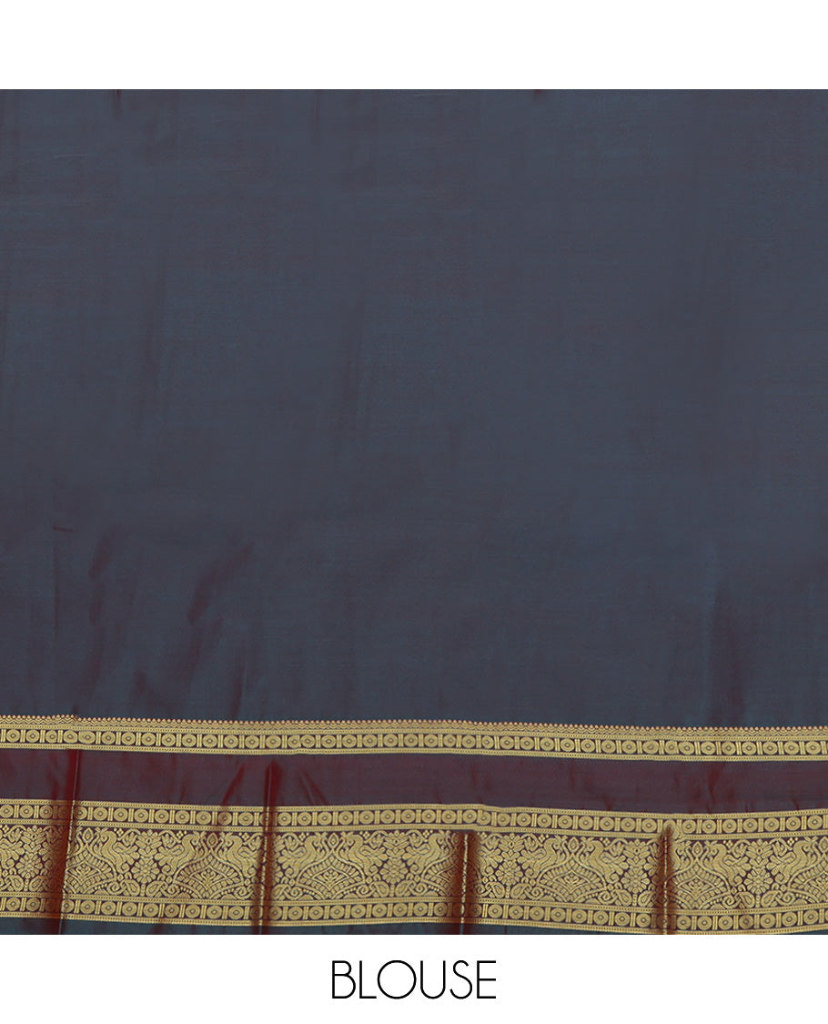 Orange Budget Silk Saree, Subtly Woven with Buttas All Over Its Body, Complemented by Contrast Traditional Zari Rettai Pettu Border, Grand Pallu, and Paired with a Contrast Blouse