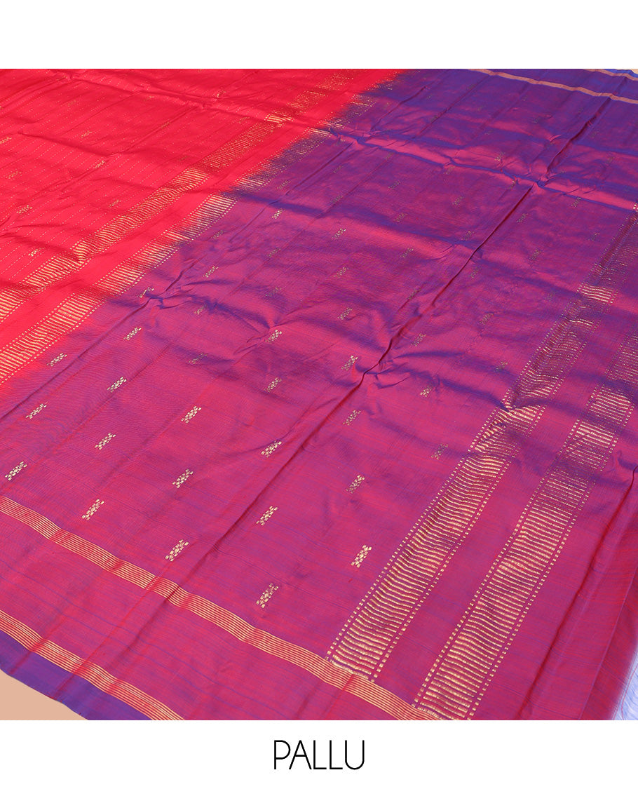 Red Kanchipuram Silk Saree, Embellished with Zari Buttas and Stripes, Contrast Zari Design Border, Zari Design Pallu, and a Contrast Blouse