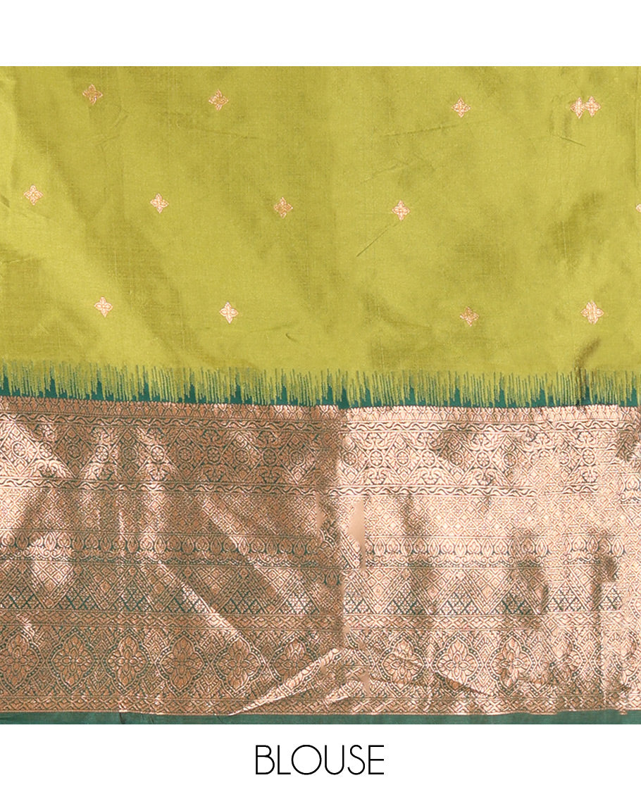 Parrot Green-Leaf Green Semi-Silk Half-Saree, Zari Buttas Skirt, Contrast Traditional Zari Border, a Matching Blouse, a Contrast Blouse