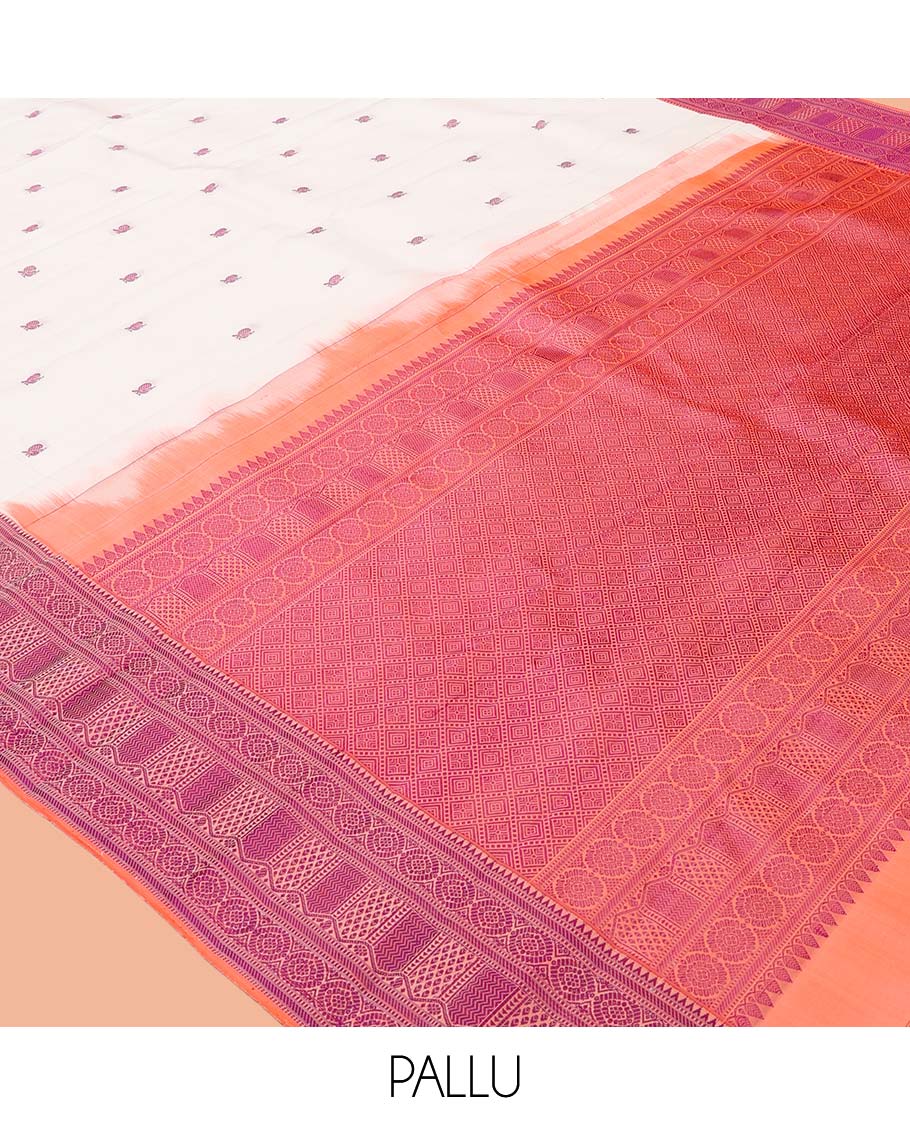 White Kanchipuram Silk Saree, Mesmerized with Mayil-Thread Buttas, Complemented by a Contrast Traditional Thread Woven Border, Jaal Pallu, and a Contrast Blouse