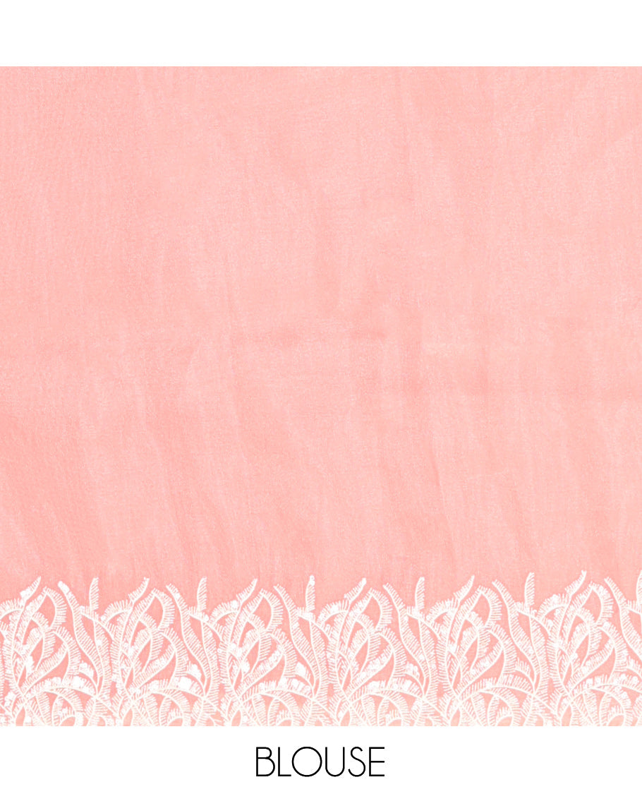 Pink Organza Saree, Mesmerized with Floral Thread Buttas, Scallop Floral Embroidery Border, and Matching Blouse