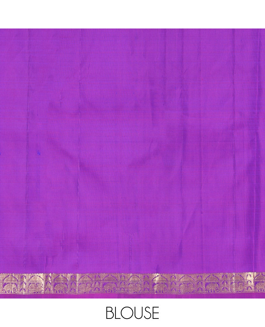 Blue Kanchipuram Silk Saree, Uniquely Designed with Zari Buttas on Its Body, Complemented by Contrast Border of Rekku, Thazampoo Rekku, and Annam Designs, Intricately Designed Pallu, and Paired with a Contrast Blouse