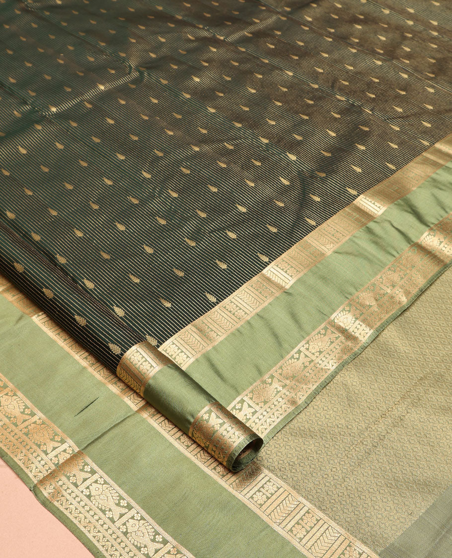 Green Vasundhara Lite Silk Mix Saree, Elevated with Zari Buttas and Strpes, a Contrast Rettai Pettu Zari Border, a Grand Pallu, and a Contrast Blouse