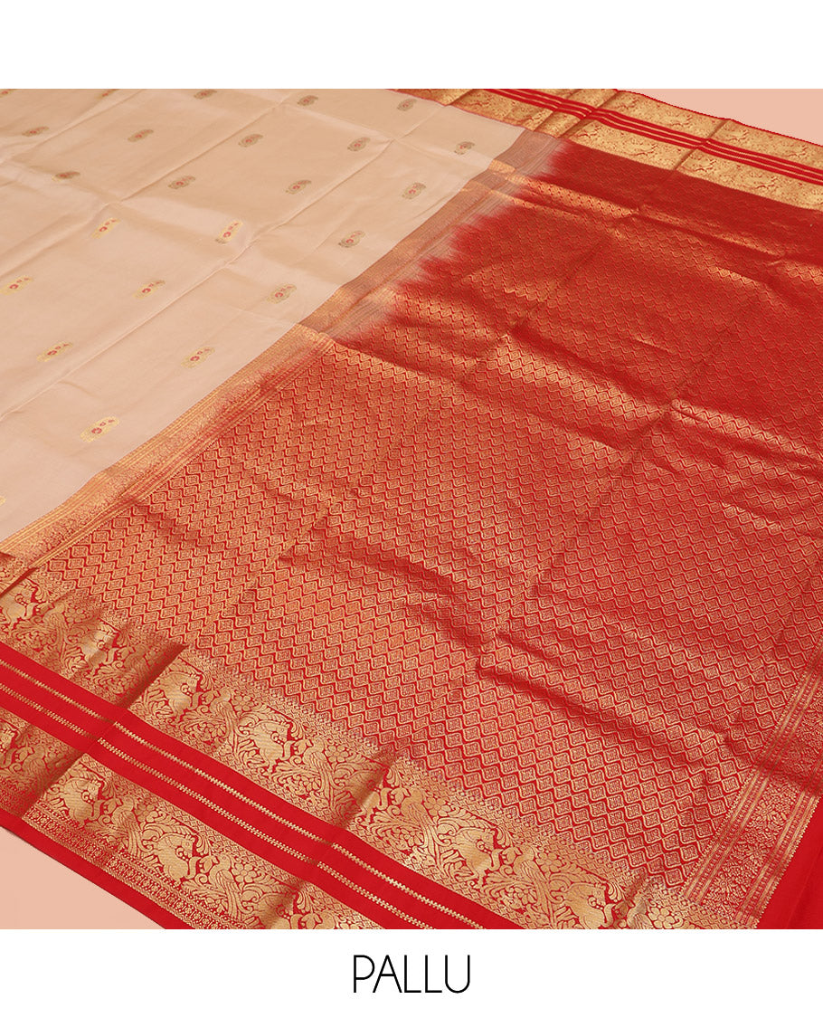 Sandal Vasundhara Silk Saree, Graced with Zari Meena Buttas All Over Its Body, Complemented by a Contrast Border of Diamond, Mayil, and Kuthirai Designs, Grand Jaal Pallu, and Paired with a Contrast Blouse