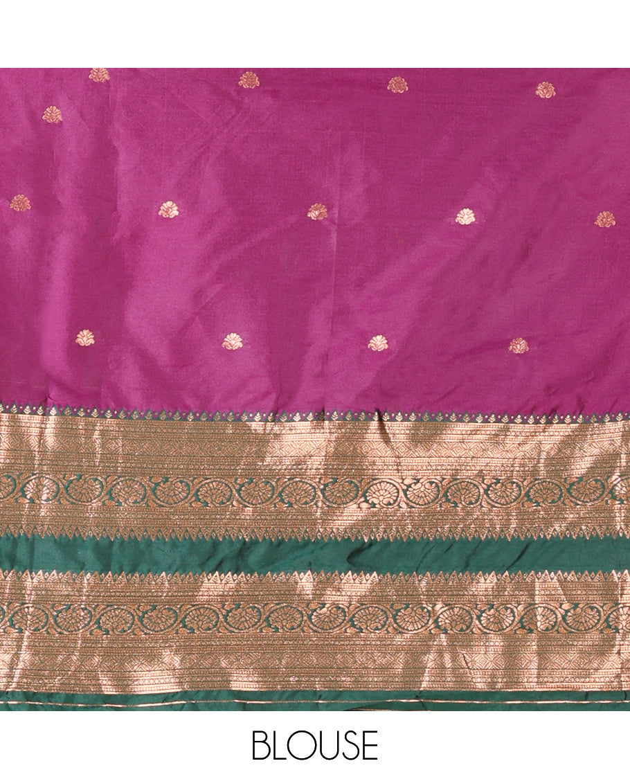 Purple and Green Semi-Banarasi Half-Saree Featuring Zari Buttas Skirt, Complemented by Contrast Rettai Pettu, Traditional Border of Floral Creeper Designs, Paired with a Matching Blouse, and a Satin Georgette Embroidered Scallop Dhavani