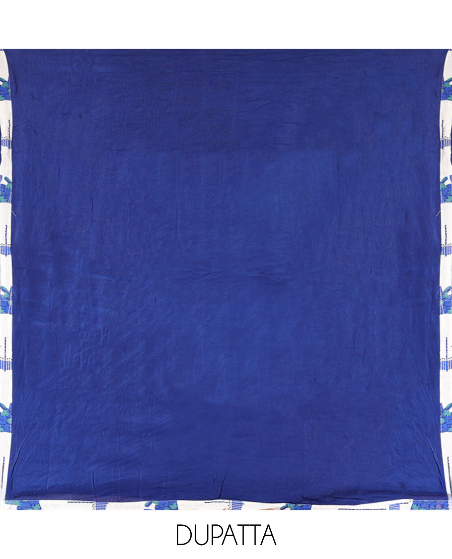 Cream-Blue Material Chudidar Features an Elephant-Umbrella Printed Top, a Contrast Bottom, Contrast Bordered Dupatta
