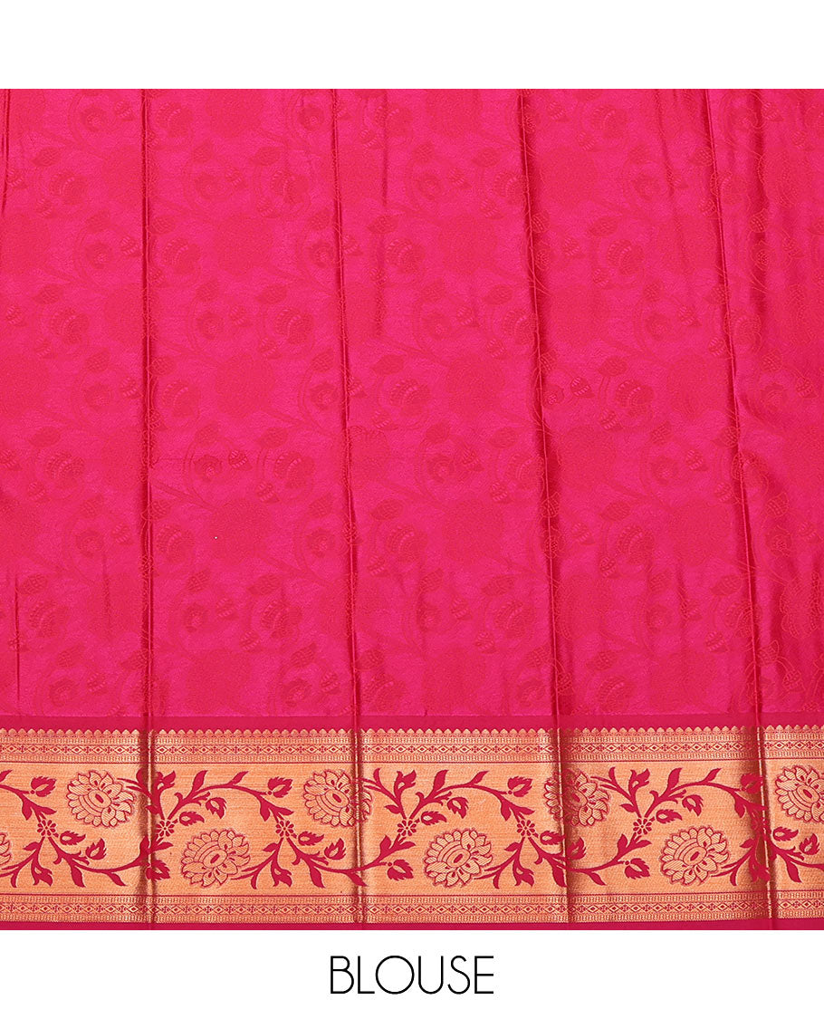Yellow Budget Silk Saree, Bedecked with a Jacquard Design, Complemented by a Contrast Floral Creeper Zari Border, Jaal Pallu, and Contrast Blouse