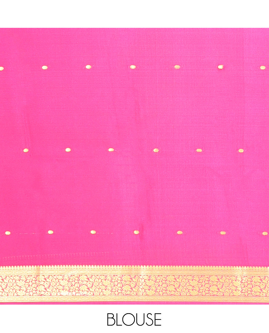 Parrot Green Zari Buttas Mysore Silk Saree, Complemented by a Contrast Floral Zari Border, Zari Design Pallu, and a Contrast Blouse