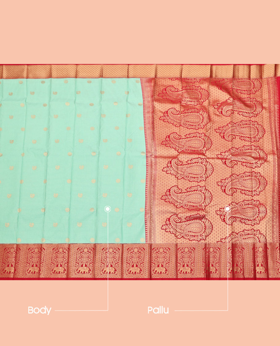 Sea Green Budget Silk Saree, Delicately Woven with Zari Buttas, Complemented by a Contrast Traditional Zari Border, Paisley Pallu, and a Contrast Blouse